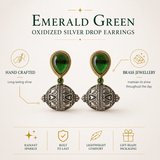 Emerald Green Oxidized Silver Drop Earrings