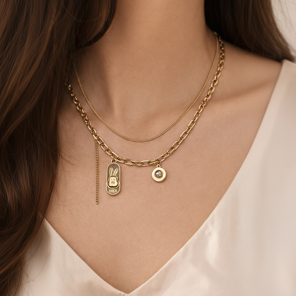Gold necklace with pendant on a person wearing a light pink top