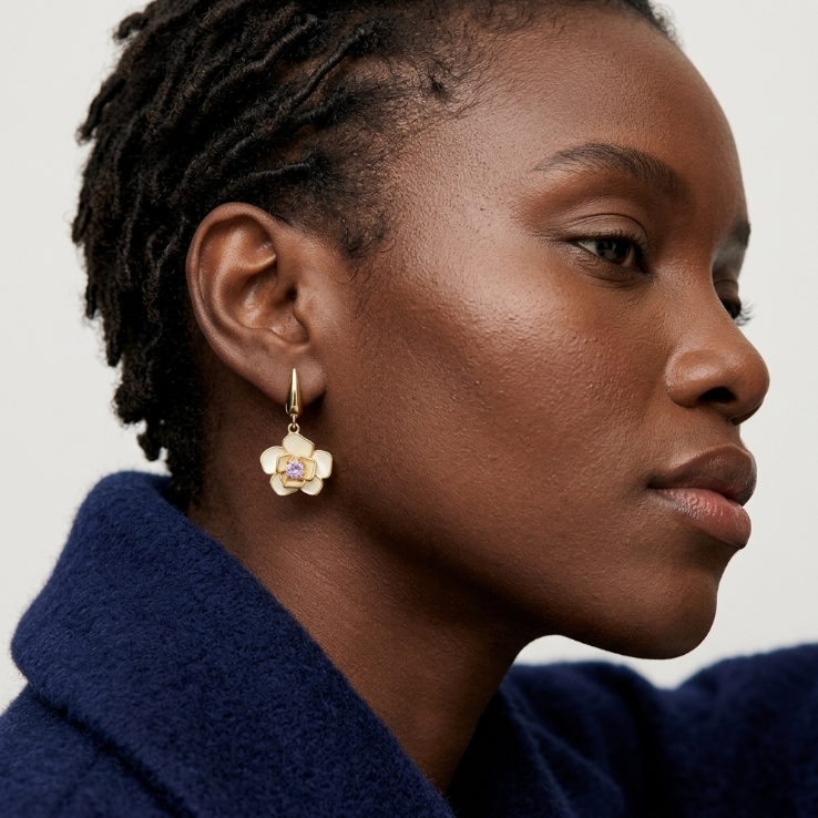 Cream Enamel Floral Drop Earrings