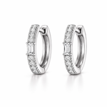 Pair of silver hoop earrings with clear gemstones on a white background