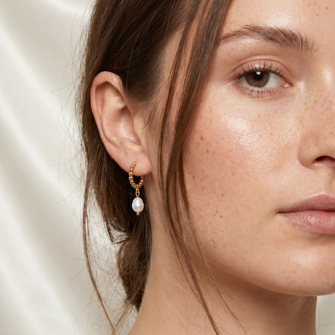 Elara Beaded Gold Pearl Hoops