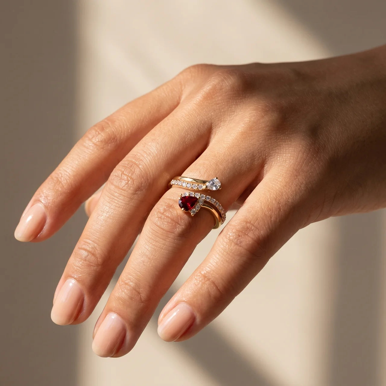 Scarlet Twist Ring – Gold Open Wrap Red Stone Ring