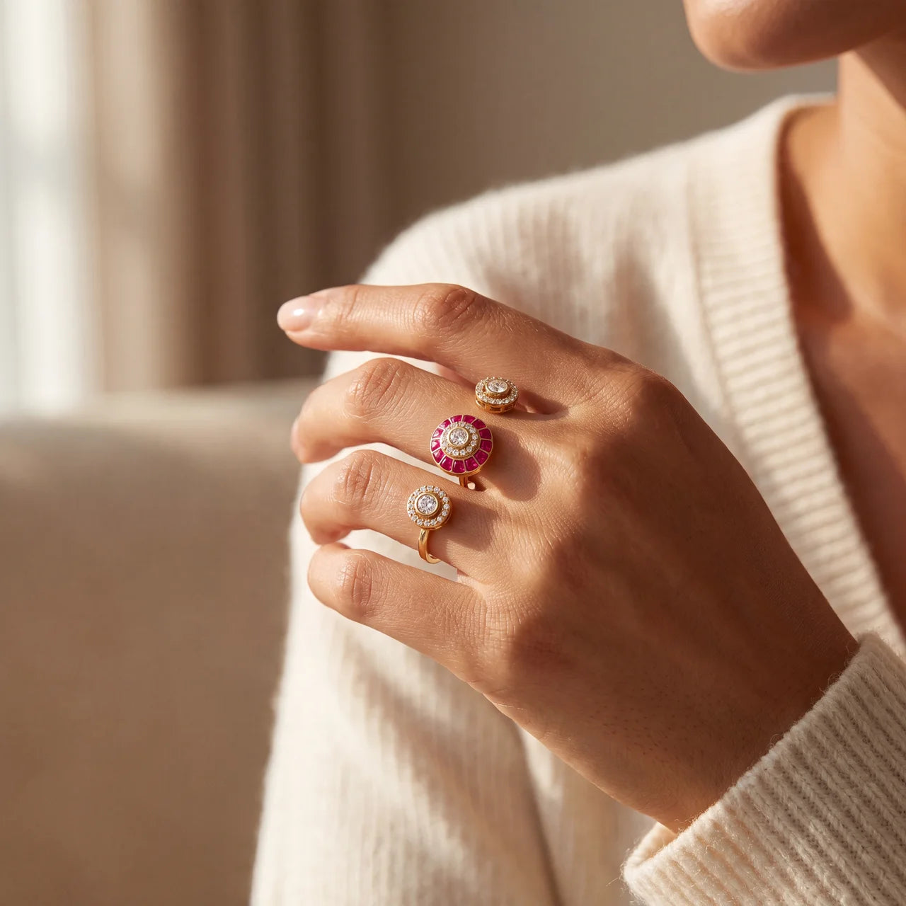Handcrafted Triple Halo Adjustable Ring