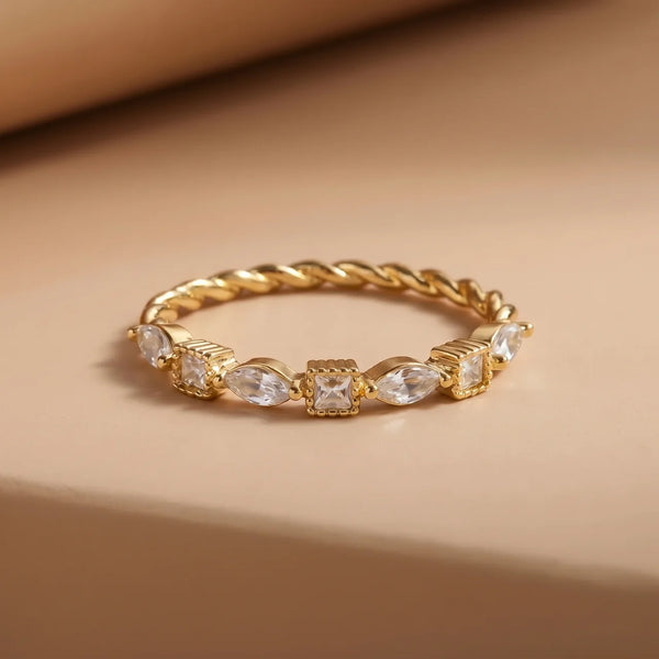 Twisted Crystal Ring – Gold Band with Crystals