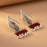 Peacock Leaf Oxidized Silver Earrings