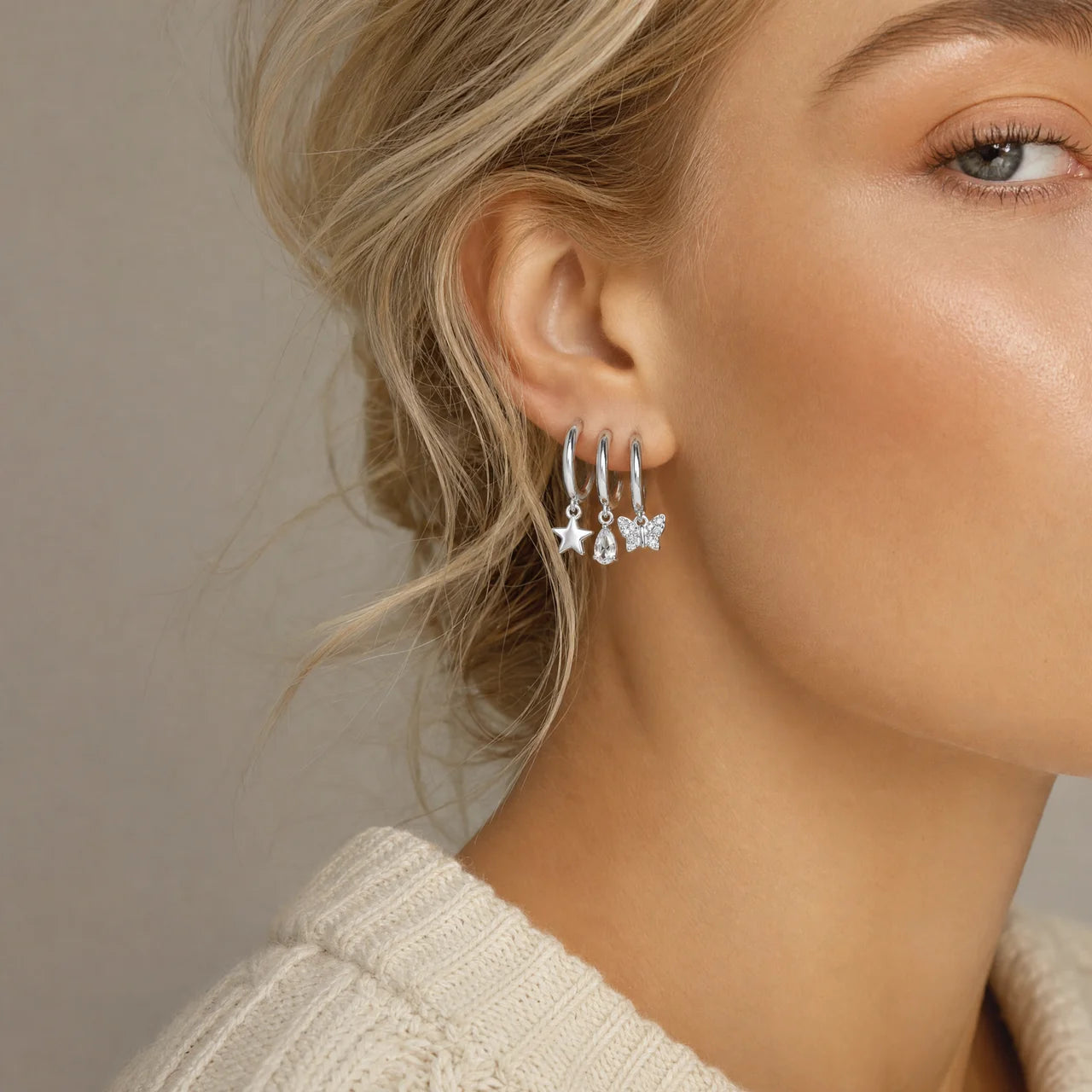 Triple Charm Huggie Hoop Earrings