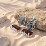 Peacock Leaf Oxidized Silver Earrings