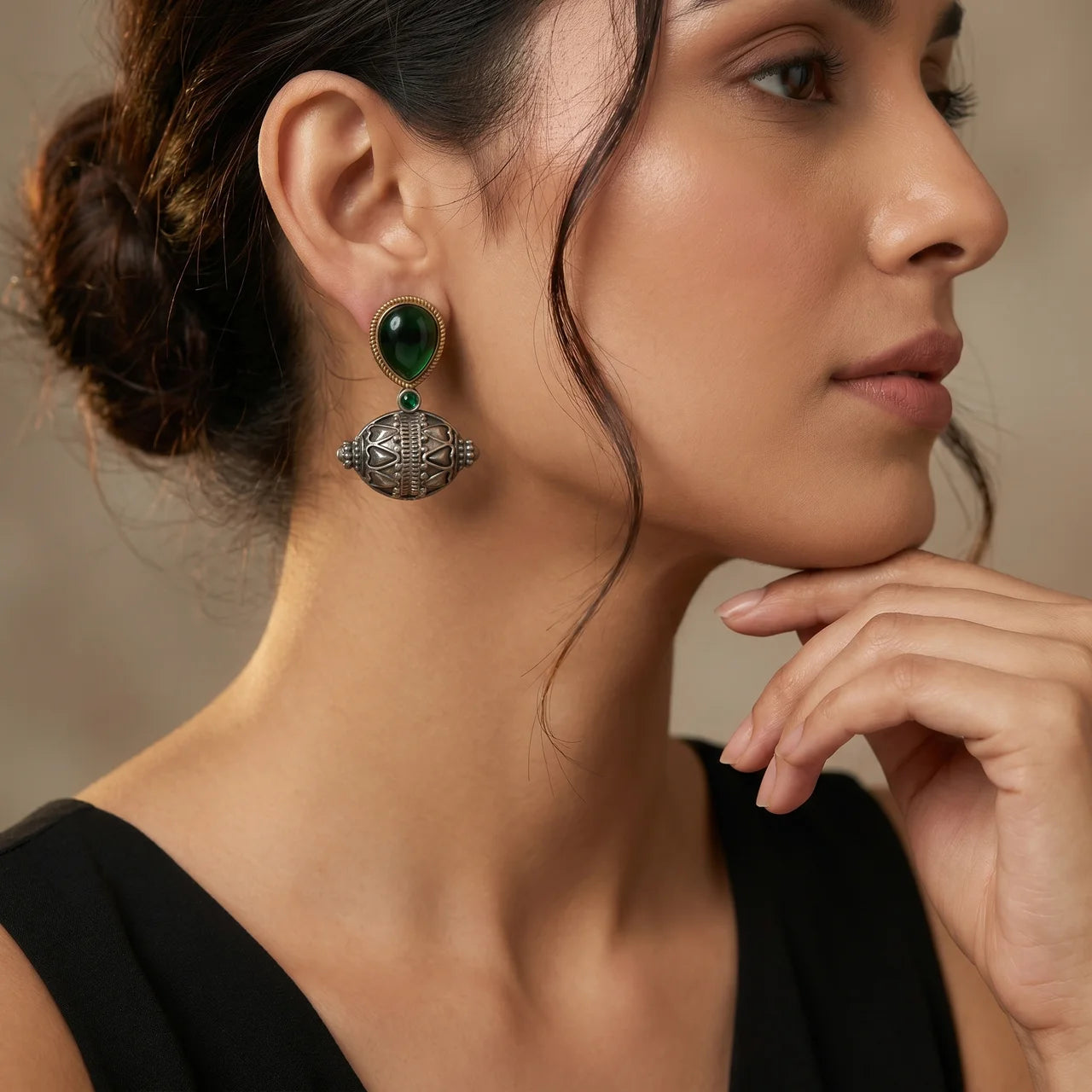 Emerald Green Oxidized Silver Drop Earrings